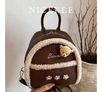 Shein Mochila retro exquisita y casual de diseño de nicho, mochila mini versátil de terciopelo con borde crudo y decoración de oso de dibujos animados, bols