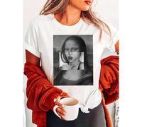 Shein Mona Lisa Print T-shirt Short Sleeve Crew Neck Casual Top For Summer & Spring Women's Clothing Tee
