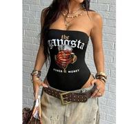 Shein Mono ajustado casual de primavera y verano para mujer, con estampado de letras "Power & Money", adecuado como regalo para vacaciones, fiesta, cumpleañ