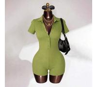 Shein Mono ajustado de canalé verde aguacate estilo American Hot Girl talla grande, diseño de cuello POLO con botones, estiliza y es cómodo