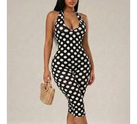 Shein Mono ajustado de lunares blanco y negro, sexy, lindo y chic para el verano, mono con cuello halter y espalda descubierta, capris, leggings, pantalones
