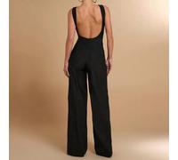 Shein Mono ajustado de primavera/verano de color negro sólido, sexy y minimalista, con escote cruzado, espalda descubierta y piernas anchas, abierto por det