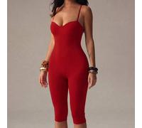 Shein Mono ajustado minimalista y elegante de color rojo sólido para mujer, primavera/verano, con escote en forma de corazón, sin mangas, pantalones capri a