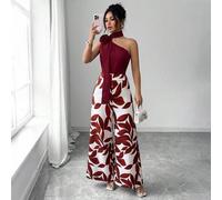 Shein Mono ajustado y ceñido para mujer de primavera/verano, elegante y casual, con diseño de patchwork rojo, estampado de hojas, escote asimétrico con dise