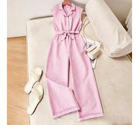 Shein Mono casual de manga corta a rayas con cuello de camisa para niñas preadolescentes, pierna suelta, adecuado para primavera y verano