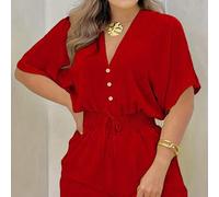 Shein Mono casual de verano elegante para mujer con cuello en V, botones en la cintura, lazo y mangas tipo murciélago en color rojo