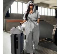 Shein Mono con capucha casual y holgado de unicolor con cremallera delantera y manga corta para mujer de talla grande