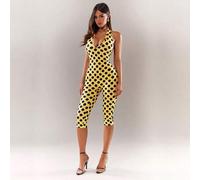 Shein Mono con lunares sexy y lindo, mono con cuello halter sin espalda, pantalones ajustados a la altura de los tobillos, uso casual, tela elástica de punt