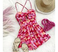 Shein Mono corto con estampado floral de acuarela tropical rojo y naranja con efecto tie-dye, con recortes en la parte delantera, para adolescentes, estilo