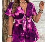 Shein Mono corto con pliegues en la cintura, estampado tropical floral, para vacaciones y playa, tallas grandes para mujer