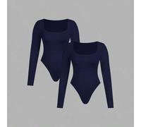 Shein Mono de dos piezas de manga larga con cuello en U, unicolor negro y blanco, básico y ajustado, para mujer, de talla grande, para otoño e invierno, de