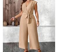 Shein Mono de lino cómodo de unicolor con cuello en V cruzado, cinturón y lazo para mujer de talla grande. Mono casual de vacaciones con mangas cortas y vol