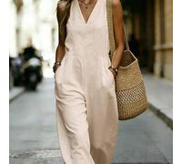 Shein Mono de lino sin mangas con cuello en V para mujer, mono casual de pierna ancha y holgado, estilo francés relajado para vacaciones, elegante para ir a