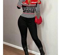 Shein Mono de manga larga con cremallera frontal, estilo deportivo casual con parche a cuadros y estampado de números, ropa de calle, adecuado para otoño/in