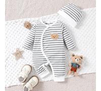 Shein Mono de manga larga con parches de oso de peluche a rayas azules y blancas para bebés niños, para sesión de fotos familiar de otoño, hitos de 1 mes, l