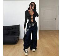 Shein Mono de manga larga negro con cortes, elástico, estilo streetwear de otoño/todo el año, para festivales de música, estilo Gyaru Y2K