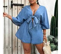Shein Mono de mezclilla con escote en V anudado, mangas tipo murciélago, sexy, para vacaciones, cómodo y transpirable, verano, tallas grandes, Curve Plus, H