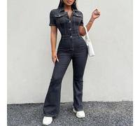Shein Mono de mezclilla negro para mujer, pantalones acampanados ajustados de longitud larga/hasta el suelo con mangas cortas y elasticidad sexy