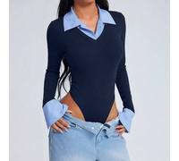 Shein Mono de mujer casual, elegante y sexy de dos piezas falsas, camiseta de manga larga ajustada con cuello en V y solapa a rayas azules, mono de otoño/in
