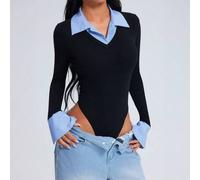 Shein Mono de mujer casual, elegante y sexy de dos piezas falsas, camiseta de manga larga ajustada con cuello en V y solapa a rayas azules, mono de otoño/in
