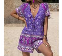 Shein Mono de mujer con cuello en V profundo, moño, de manga corta, de color púrpura, de estilo moderno, bohemio, de ocio natural, de estampado retro de vie