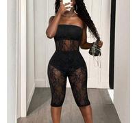 Shein Mono de mujer con pantalones capri, nuevo estilo sexy bombshell con encaje jacquard y parches transparentes