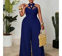 Shein Mono de mujer talla grande primavera/verano nuevo color verde aguacate con cuello halter, cintura cruzada que estiliza y pantalones de pierna ancha, a