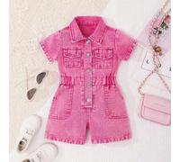 Shein Mono de niña bebé de tipo shorts sin mangas, de tela lavada, de estilo casual y ligero para vacaciones y paseo, color rosa