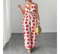 Shein Mono de pierna ancha con cuello en V profundo y cintura con nudo, adecuado para trabajo, citas diarias, primavera/verano, tallas grandes para mujeres