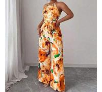Shein Mono de pierna ancha con estampado floral, cuello redondo, que ciñe la cintura, sin mangas, para mujer. Mono romántico y estilizador con diseño de cru
