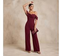 Shein Mono de pierna ancha con hombros descubiertos de gasa burdeos, drapeado de neopreno y crepé, mono elegante para fiesta formal para mujeres, atuendo pa