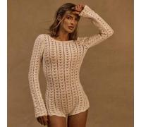 Shein Mono de punto a ganchillo ajustado, atuendo de Ibiza, para vacaciones, primavera, verano, vacaciones, playa, estilo bohemio, Isla Blanca occidental, c