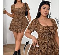 Shein Mono de punto ajustado para mujer de talla grande, con cuello cuadrado, mangas cortas, estampado de leopardo y bajo con volantes. Adecuado para el col