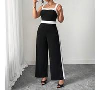 Shein Mono de punto con contraste negro y blanco para mujer talla grande, uso diario versátil y de moda, que cincha la cintura, favorece la figura y estiliz