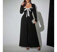 Shein Mono de punto con cuello de corazón, manga larga, pierna ancha y lazo para mujer de talla grande