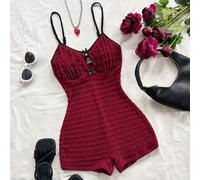 Shein Mono de punto con textura rojo vino para mujer, con abertura delantera, contraste de color con lazo y tirantes, para uso como capa base o prenda exter