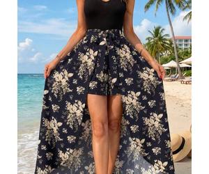 Shein Mono de punto estampado de moda con parches tejidos para mujer, ropa de trabajo, regalo para mamá, vestido de línea A para festival, vestido de verano