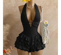 Shein Mono de punto texturizado color albaricoque con decoración de anillo redondo, elegante para mujeres, adecuado para Halloween, Navidad, vacaciones, sex