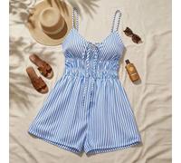 Shein Mono de rayas azules y blancas con correa para la cintura para mujer, silueta favorecedora, estilo francés elegante para vacaciones, casual, playa, vi