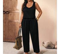 Shein Mono de talla grande para mujer de unicolor, con cuello de barco, sin mangas, lazo, cintura elástica, bolsillos laterales y longitud hasta el tobillo,