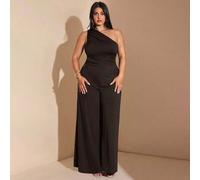 Shein Mono de talla grande para mujer, elegante y de un solo hombro con cuello asimétrico en color negro sólido, adecuado para uso diario, citas, salidas no