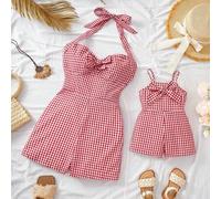 Shein Mono de tirantes con lazo a cuadros para mamá e hija, verano