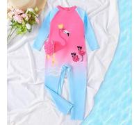 Shein Mono de una sola pieza con cuello de tripulación, mangas raglán largas, estampado de gradiente de color de dopamina rosa y azul, corona, flamenco y co