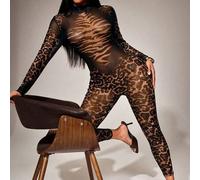 Shein Mono de una sola pieza con estampado de leopardo de malla transparente, apropiado para discoteca, fiesta, reunión, ocio, estilo callejero, vestimenta