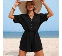 Shein Mono de verano para mujer de unicolor con cuello de camisa, mangas tipo murciélago, botones hasta la mitad, suelto y casual para vacaciones, mono negr