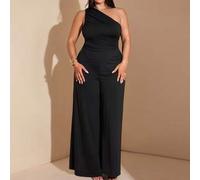 Shein Mono de verano para mujer talla grande, elegante, de un solo hombro y asimétrico en color negro sólido, adecuado para citas diarias, salidas nocturnas