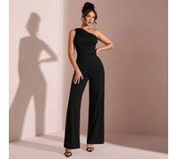 Shein Mono de verano para vacaciones en la playa, elegante, de un solo hombro, con cuello asimétrico, color negro sólido, adecuado para citas diarias, salid