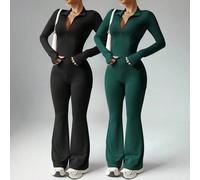 Shein Mono de yoga con pantalones acampanados de ajuste ceñido y que estilizan la figura, con estilo de solapa con cremallera, en un conjunto de múltiples p