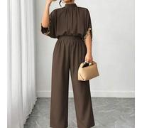 Shein Mono elegante de manga corta para mujer de talla grande, cuello alto, lazo en la espalda, puños bordados, adecuado para uso diario y de fiesta en vera