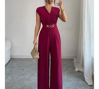 Shein Mono elegante de mujer con escote cruzado en V, mangas cortas tipo murciélago, cintura ceñida y piernas anchas, con lazo en la espalda, color rojo cer